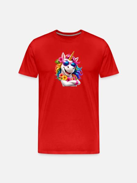 Regenbogen-Einhorn mit Blumenbrille - Männer Premium Bio T-Shirt - Rot