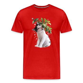 Chat curieux avec du tilleul sur une branche - T-shirt bio Premium Homme - rouge - Devant - Damien (186cm)