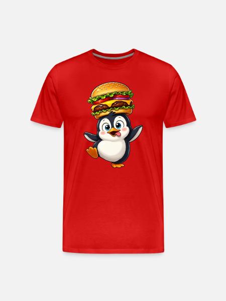 Funny penguin with burger balancing cartoon - Men's Premium Organic T-Shirt - red