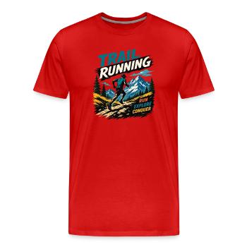 Trailrunning. Lauf. Erkunde. Erobern - Männer Premium Bio T-Shirt - Rot - Vorne - Damien (186cm)
