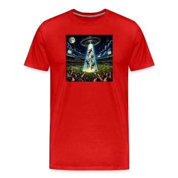 UFO-Alien-Entführungs-Fußballspiel Lustiges Grafik-T-Shirt - Männer Premium Bio T-Shirt - Rot - Vorne - Damien (186cm)