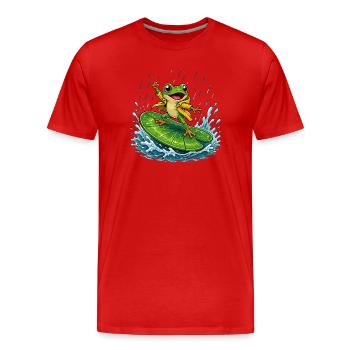Frosch-Surfer im Regen auf Blatt - Männer Premium Bio T-Shirt - Rot - Vorne - Damien (186cm)