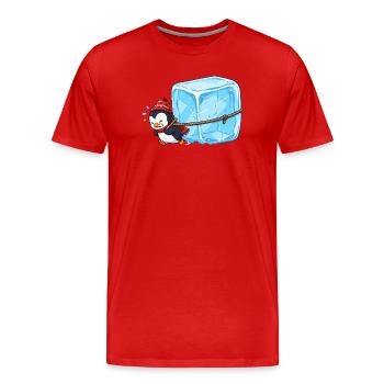 Pinguin zieht Eisblock - Männer Premium Bio T-Shirt - Rot - Vorne - Damien (186cm)