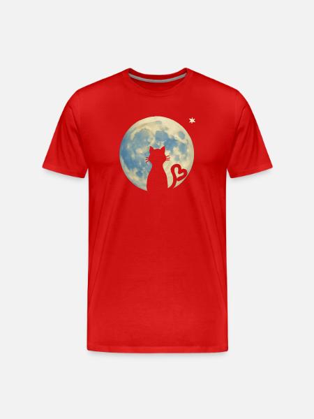 Katzen-Silhouette mit Herz im Mondlicht - Männer Premium Bio T-Shirt - Rot