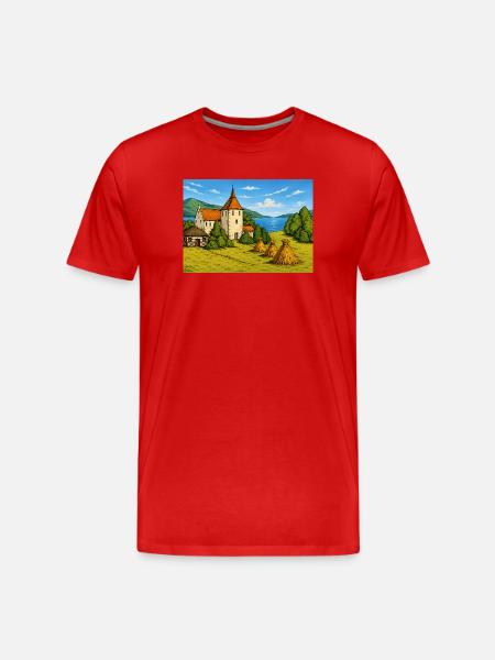 Medieval Castle by Lake and Haystacks - Men's Premium Organic T-Shirt - red