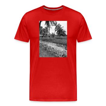 District des palmiers tropicaux en noir et blanc - T-shirt bio Premium Homme - rouge - Devant - Damien (186cm)