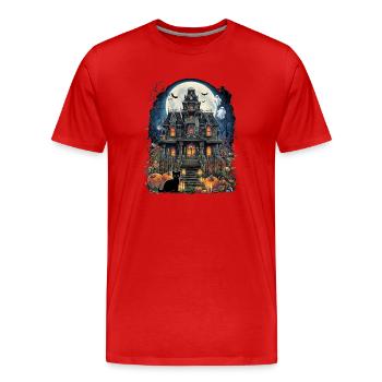 Maison Hantée Pleine Lune Halloween Horreur Chat Gothique - T-shirt bio Premium Homme - rouge - Devant - Damien (186cm)