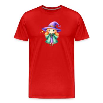 Petite Sorcière au Chapeau et Baguette Violets – Magique - T-shirt bio Premium Homme - rouge - Devant - Damien (186cm)