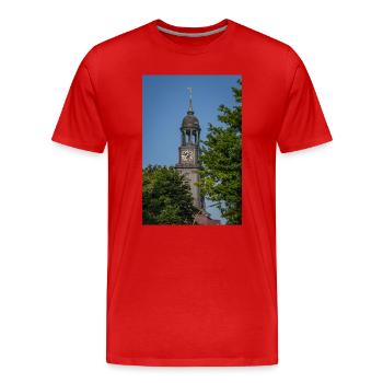L’église Saint-Michel entre deux arbres - T-shirt bio Premium Homme - rouge - Devant - Damien (186cm)