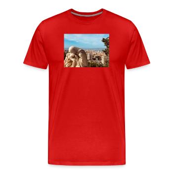 Sculpture classique au-dessus de la ville - T-shirt bio Premium Homme - rouge - Devant - Damien (186cm)
