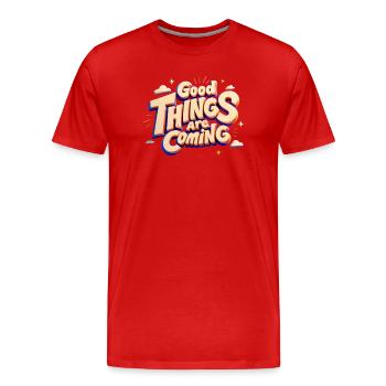 Good Things Are Coming — Typographie pop 3D - T-shirt bio Premium Homme - rouge - Devant - Damien (186cm)
