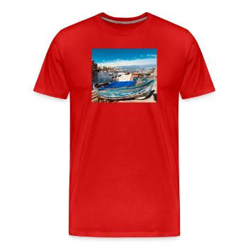 Des bateaux bleus dans le port - T-shirt bio Premium Homme - rouge - Devant - Damien (186cm)