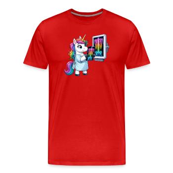 Diagnostic de la licorne du Docteur Arc-en-ciel - T-shirt bio Premium Homme - rouge - Devant - Damien (186cm)