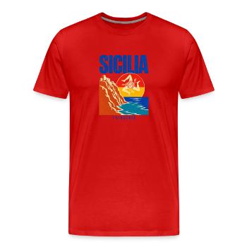 Sicilia Travel Poster, Trinacria Sicilian Flag Pri - Men's Premium Organic T-Shirt - red - Front - Damien (186cm)