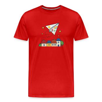 Papierflieger über Dächern – Kindergarten - Männer Premium Bio T-Shirt - Rot - Vorne - Damien (186cm)