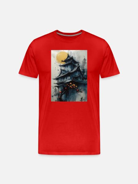 Pagode sous lune en aquarelle - T-shirt bio Premium Homme - rouge