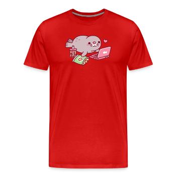 Un joli phoque dodu qui se détend avec un ordinateur portable et du thé boba - T-shirt bio Premium Homme - rouge - Devant - Damien (186cm)