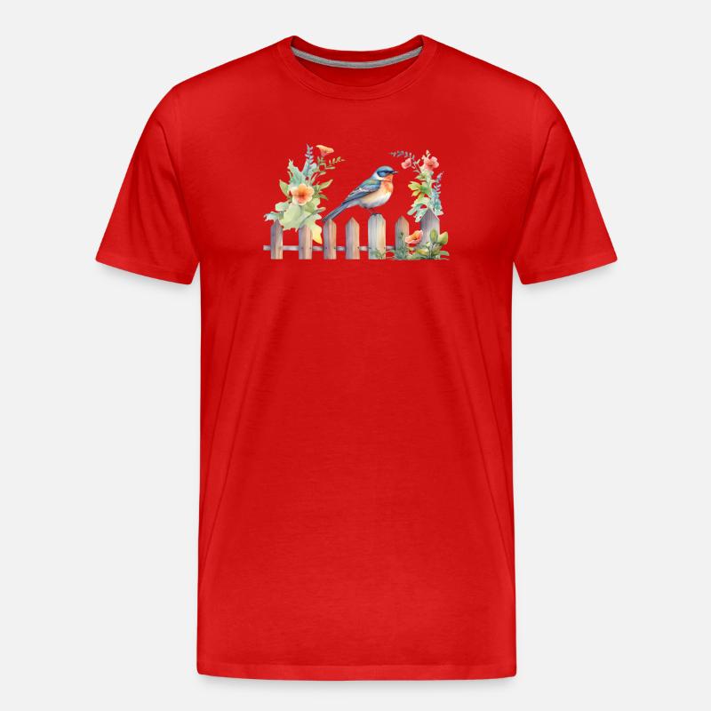 Vogel auf Holzzaun - Männer Premium Bio T-Shirt - Rot