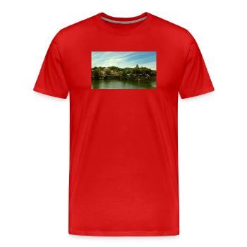 Panorama de la ville au bord de la rivière et du pont - T-shirt bio Premium Homme - rouge - Devant - Damien (186cm)