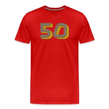 50. 50 ANS. 50e ANNIVERSAIRE. ANNIVERSAIRE 50 ANS. - T-shirt bio Premium Homme - rouge - Devant - Damien (186cm)