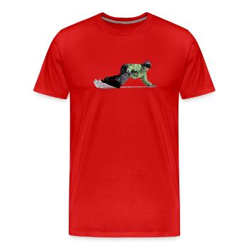 Freerider snowboarders on descent - Men's Premium Organic T-Shirt - red - Front - Damien (186cm)