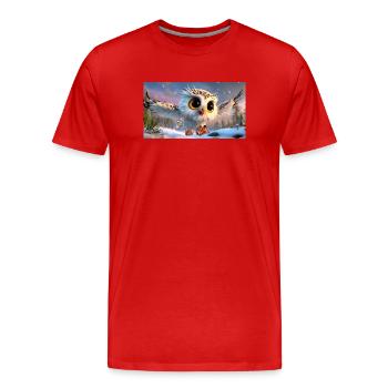 Fluffy snowy owl with googly eyes in flight - Men's Premium Organic T-Shirt - red - Front - Damien (186cm)