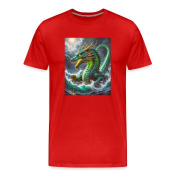 Ryujin : Dieu dragon de mer majestueux se levant de la tourmente - T-shirt bio Premium Homme - rouge - Devant - Damien (186cm)