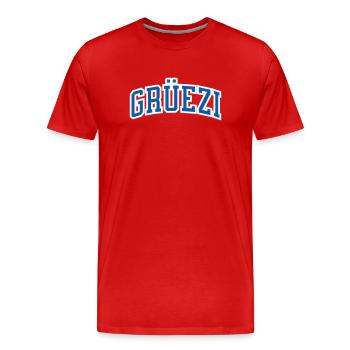 Grüezi in blue with white border, Switzerland hello - Men's Premium Organic T-Shirt - red - Front - Damien (186cm)