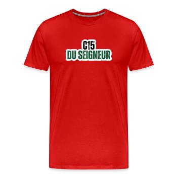 C15 du Seigneur - badge vintage vert - T-shirt bio Premium Homme - rouge - Devant - Damien (186cm)