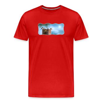 Fotodesign Spatzen-Meeting geschwungen umrandet - Männer Premium Bio T-Shirt - Rot - Vorne - Damien (186cm)