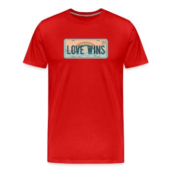 Retro Nummernschild – Love Wins Rainbow - Männer Premium Bio T-Shirt - Rot - Vorne - Damien (186cm)
