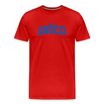 Grüezi in blue, Swiss German hello, logo - Men's Premium Organic T-Shirt - red - Front - Damien (186cm)