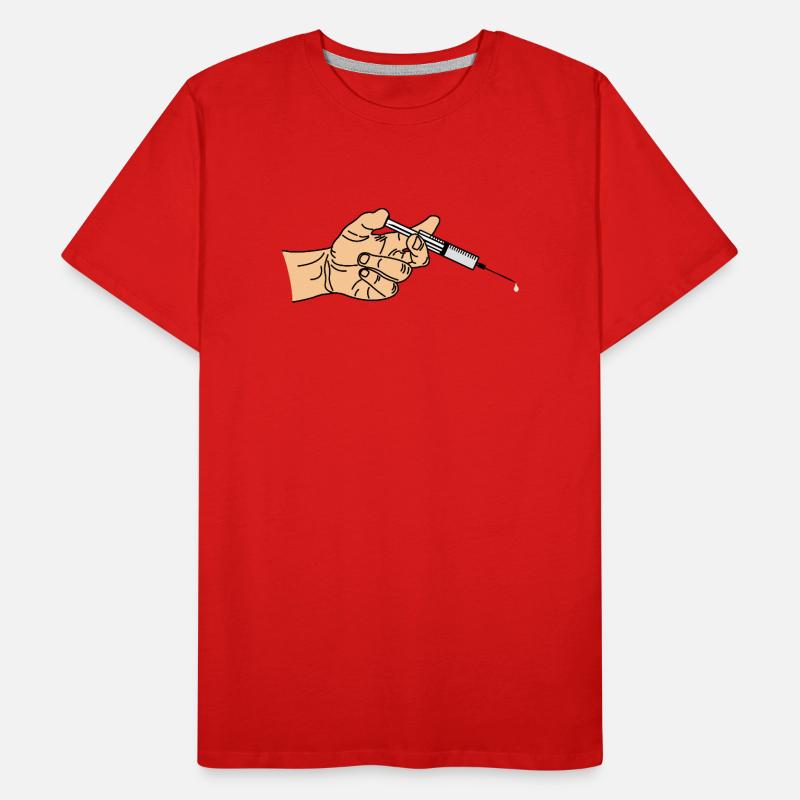 Seringue avec goutte à goutte sortant dans la main T-shirt bio Premium Homme