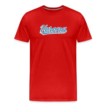 Verona Blau Script Logo - Männer Premium Bio T-Shirt - Rot - Vorne - Damien (186cm)