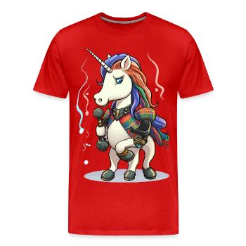 Licorne avec micro sur une scène colorée à carreaux - T-shirt bio Premium Homme - rouge - Devant - Damien (186cm)