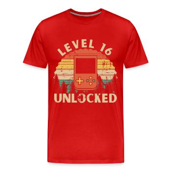 Level 16 Unlocked - Men's Premium Organic T-Shirt - red - Front - Damien (186cm)