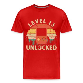 Level 13 Unlocked - Men's Premium Organic T-Shirt - red - Front - Damien (186cm)