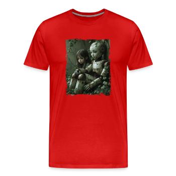 Une jeune fille assise à côté d’un robot désespéré - T-shirt bio Premium Homme - rouge - Devant - Damien (186cm)