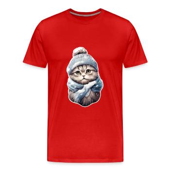 Chat en hiver avec bonnet et écharpe 2 - T-shirt bio Premium Homme - rouge - Devant - Damien (186cm)