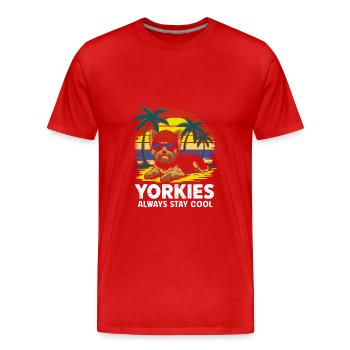 Cool Yorkie Yorkshire Terrier Under Palm Trees - Men's Premium Organic T-Shirt - red - Front - Damien (186cm)