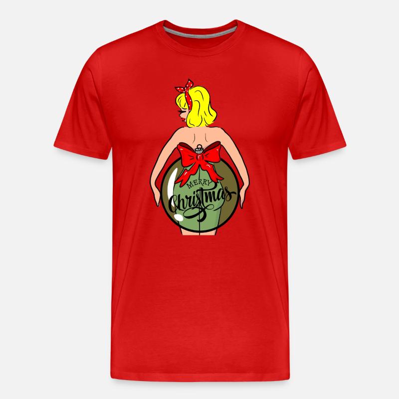 Frau mit Weihnachtskugel und roter Schleife - Männer Premium Bio T-Shirt - Rot