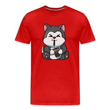 Anime Kawaii Bubble Tea Drinking Husky Hand Drawn - Men's Premium Organic T-Shirt - red - Front - Damien (186cm)