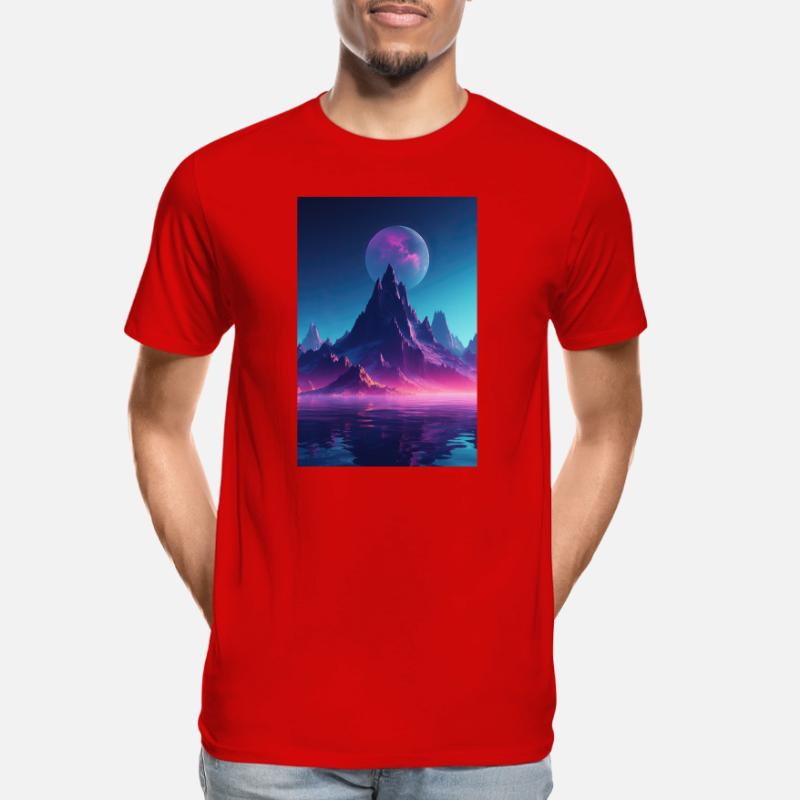 Retro Bergmelodie: Eine Synthwave Ode an der See Männer Premium Bio T-Shirt