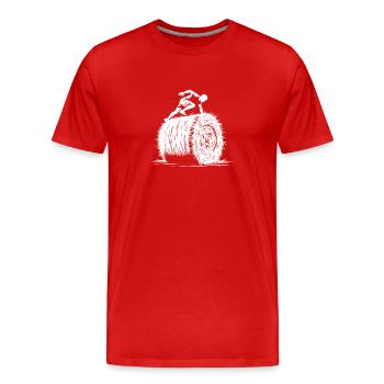 Modderlauf Sprung über den Strohballen - Männer Premium Bio T-Shirt - Rot - Vorne - Damien (186cm)