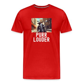 Purr Louder : Tabby Cat on a Motorcycle - Men's Premium Organic T-Shirt - red - Front - Damien (186cm)