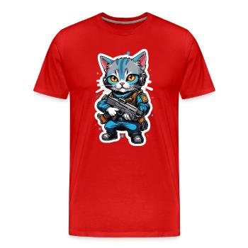 Katzenkrieger mit Hightech-Waffen - Männer Premium Bio T-Shirt - Rot - Vorne - Damien (186cm)