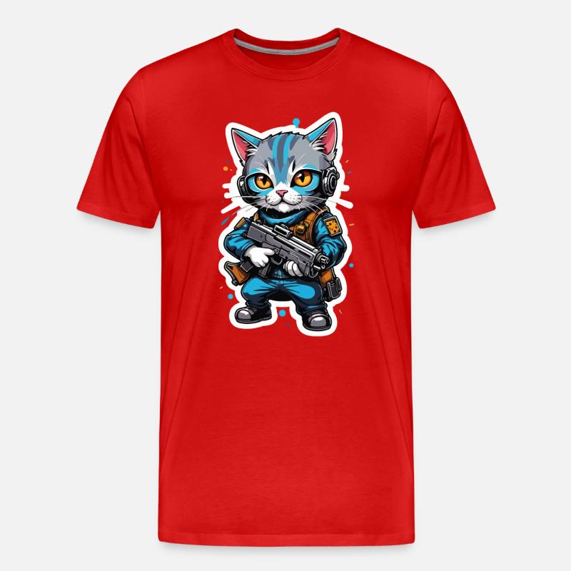 Katzenkrieger mit Hightech-Waffen - Männer Premium Bio T-Shirt - Rot