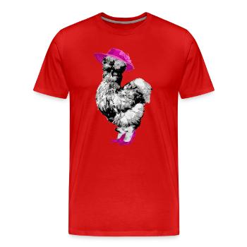 Huhn mit Damenhut und High Heels, Seidenhuhn - Männer Premium Bio T-Shirt - Rot - Vorne - Damien (186cm)