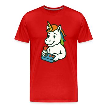 Mascotte joueuse licorne mignonne avec joystick - T-shirt bio Premium Homme - rouge - Devant - Damien (186cm)