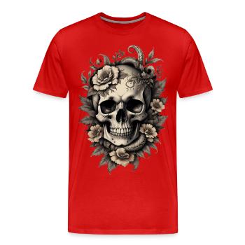 Vintage Sepia Totenkopf Schädel Original Blumen - Männer Premium Bio T-Shirt - Rot - Vorne - Damien (186cm)